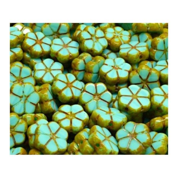 6pcs Picasso Green Turquoise Window Table Cut Perles de Fleurs Plates Perles de Verre Tchèques 10mm - Photo n°1