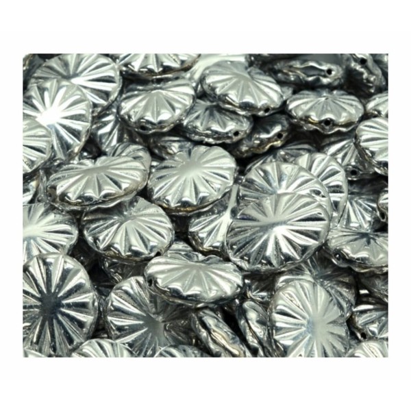 12pcs Opaque Silver Flat Flower Boules ovales sculptées Boules de verre tchèque 12mm x 14mm - Photo n°1