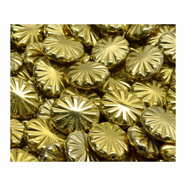 12pcs Opaque Gold Flowers Flowers Ovals sculptés Boules de verre tchèque 12mm x 14mm - Photo n°1