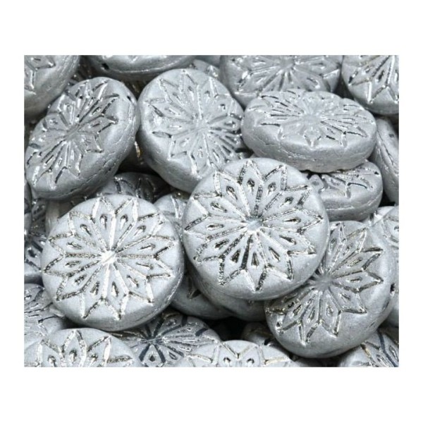 4pcs Patina en argent mat Grand Mandala Origami Flower Beads en verre tchèque 18mm x 18mm en argent - Photo n°1