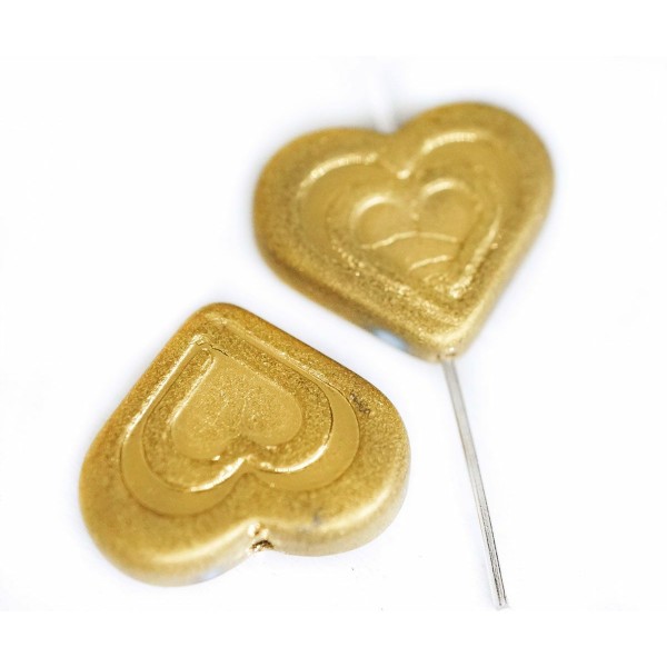 6pcs Matte Gold Patina Valentines Cœur de mariage dans le cœur Beads verre tchèque 14mm x 16mm Matte - Photo n°1
