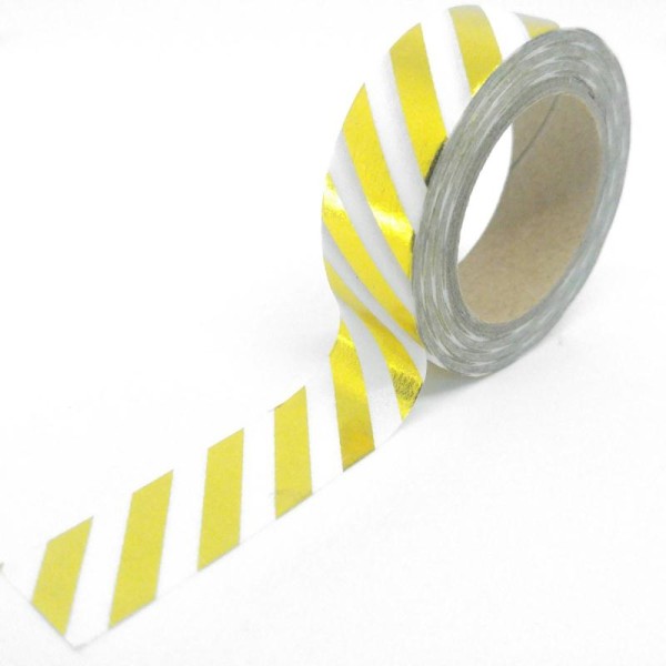 Washi tape brillant rayures diagonales 10mx15mm or et blanc - Photo n°1