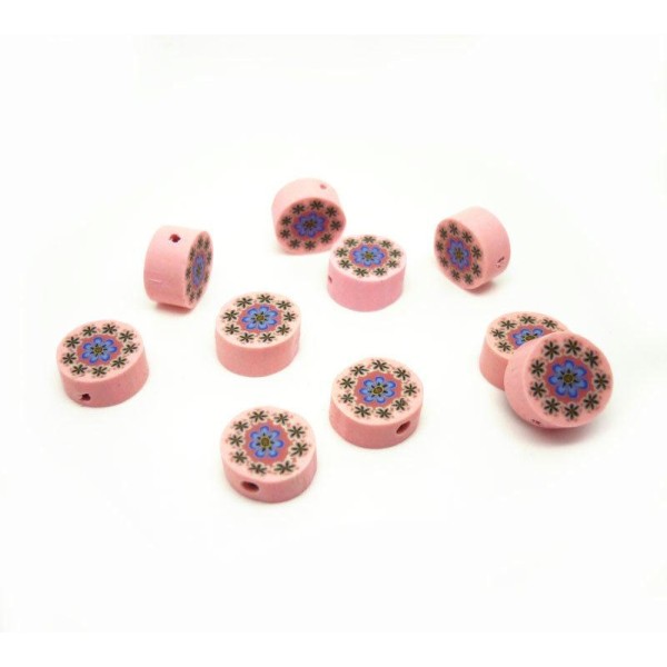 Lot 10 Perles plates rose clair en fimo 10 mm - faites main pâte polymère - Photo n°1