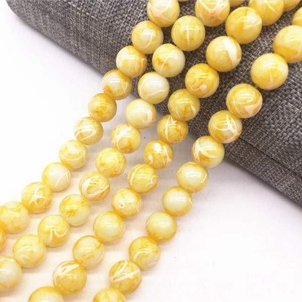 46 perles ronde marbré en verre fabrication bijoux 6 mm JAUNE BLANC - Photo n°1