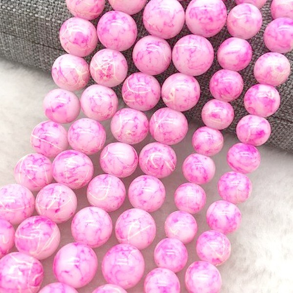 46 perles ronde marbré en verre fabrication bijoux 6 mm ROSE BLANC - Photo n°1