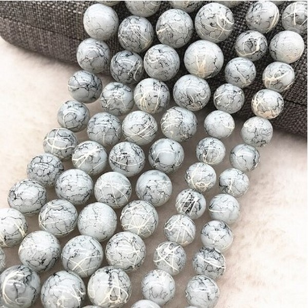46 perles ronde marbré en verre fabrication bijoux 6 mm GRIS BLANC - Photo n°1