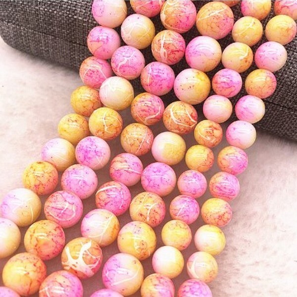 46 perles ronde marbré en verre fabrication bijoux 6 mm JAUNE ROSE - Photo n°1