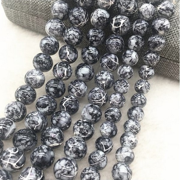 46 perles ronde marbré en verre fabrication bijoux 6 mm GRIS NOIR - Photo n°1
