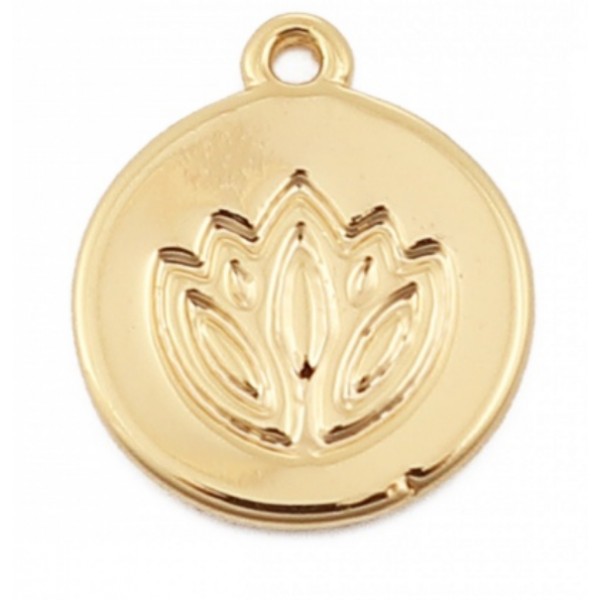 PS110119966 PAX 1 pendentif médaillon Fleur de Lotus, Yoga - 10mm - cuivre plaqué OR 18KT - Photo n°1