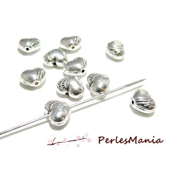 PS11100885 PAX 10 perles plates intercalaire Cœur métal finition Argent Antique - Photo n°1