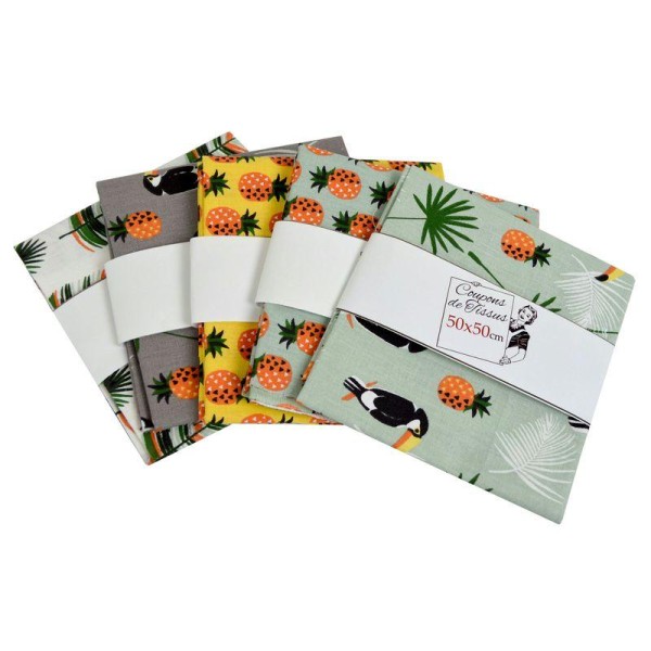 Lot de 5 coupons de tissu en coton 50x50 coll. Ananas - Photo n°1
