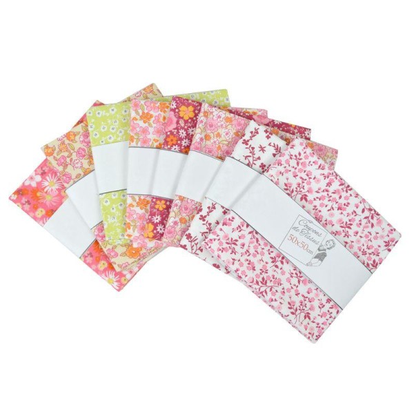 Lot de 8 coupons de tissu en coton 50x50 coll. Fleuri rose - Photo n°1