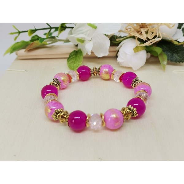 Kit bracelet fil élastique perles jade rose dorées - Photo n°1