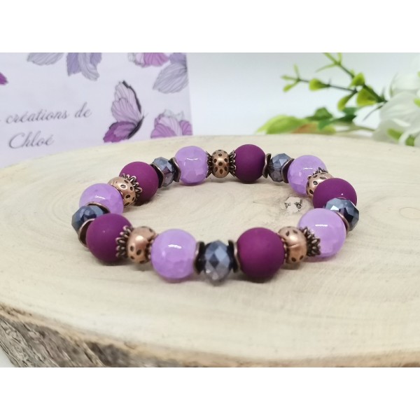Kit bracelet fil élastique perles en verre lilas et violet - Photo n°1
