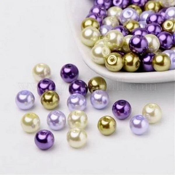 Perles ronde en verre nacré en mélange coloris assortis 6 mm VIOLET MAUVE VERT - Photo n°1