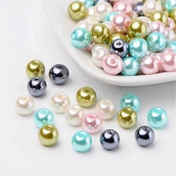 Perles ronde en verre nacré en mélange coloris assortis 6 mm GRIS ROSE VERT ECRU - Photo n°1