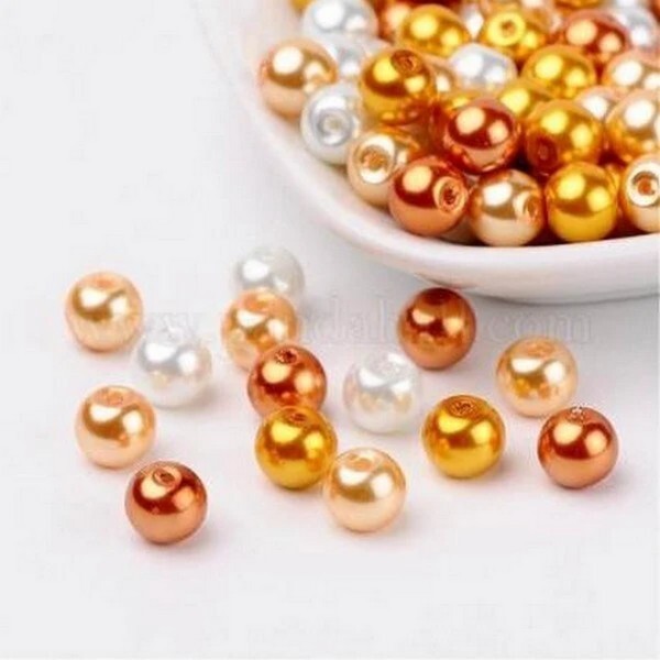 Perles ronde en verre nacré en mélange coloris assortis 6 mm DORE ECRU - Photo n°1