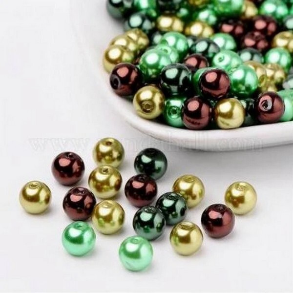 Perles ronde en verre nacré en mélange coloris assortis 6 mm MARRON VERT - Photo n°1