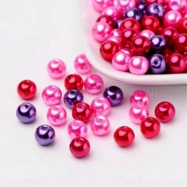 Perles ronde en verre nacré en mélange coloris assortis 6 mm ROSE VIOLET ROUGE - Photo n°1