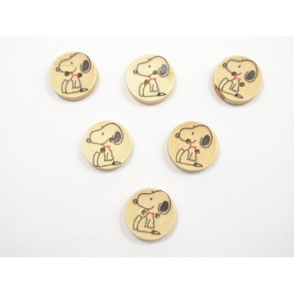 LOT 6 BOUTONS BOIS : rond motif Snoopy 15mm (01) - Photo n°1