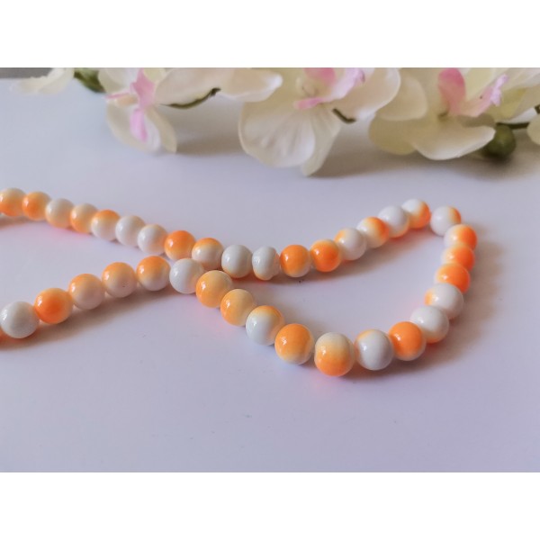 Perles en verre 8 mm bicolore blanc et orange x 20 - Photo n°1