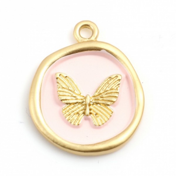 PS11827568 PAX 2 Pendentifs Papillon dans médaillon 22x18mm style émaillé Rose Pale sur métal doré M - Photo n°1