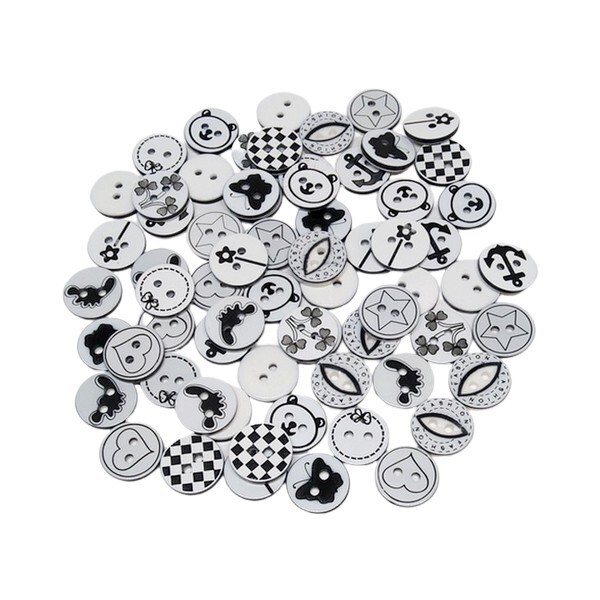 60 boutons fantaisie couture layette scrapbooking 1.3 cm mix BLANC NOIR - Photo n°1