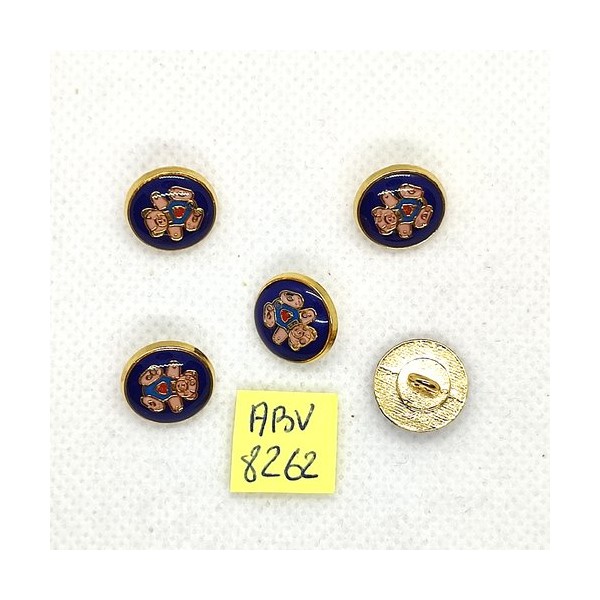 5 Boutons en métal doré et résine bleu – ourson - 13mm - ABV8262 - Photo n°1