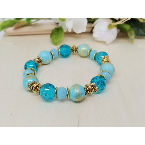 Kit bracelet fil élastique perles jade bleu taches dorées - Photo n°1