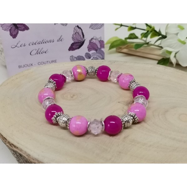 Kit bracelet fil élastique perles jade rose taches dorées - Photo n°1