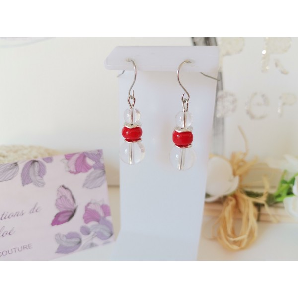 Kit boucles d'oreilles perles en verre transparente et rouge - Photo n°1