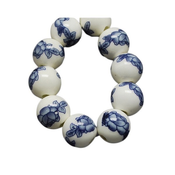 10 perles céramique porcelaine rondes 10 mm FLEURI BLEU - Photo n°1