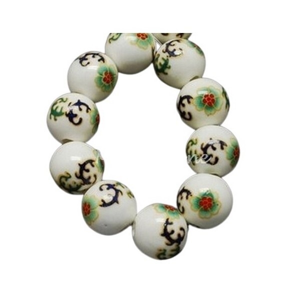 10 perles céramique porcelaine rondes 10 mm FLEURI VERT DECORATION - Photo n°1