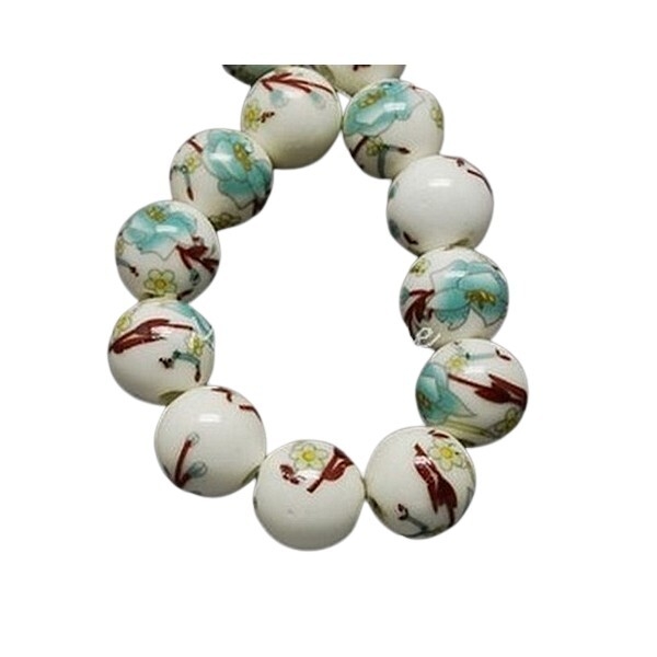 10 perles céramique porcelaine rondes 10 mm FLEUR TURQUOISE BRANCHE - Photo n°1