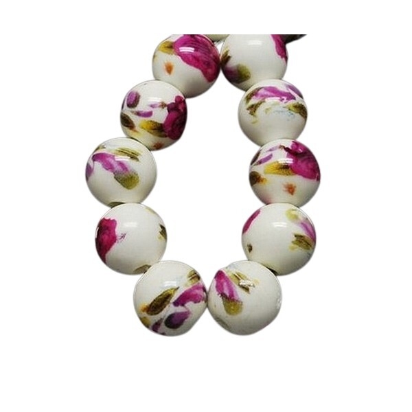 10 perles céramique porcelaine rondes 10 mm FLEUR FUSHIA - Photo n°1