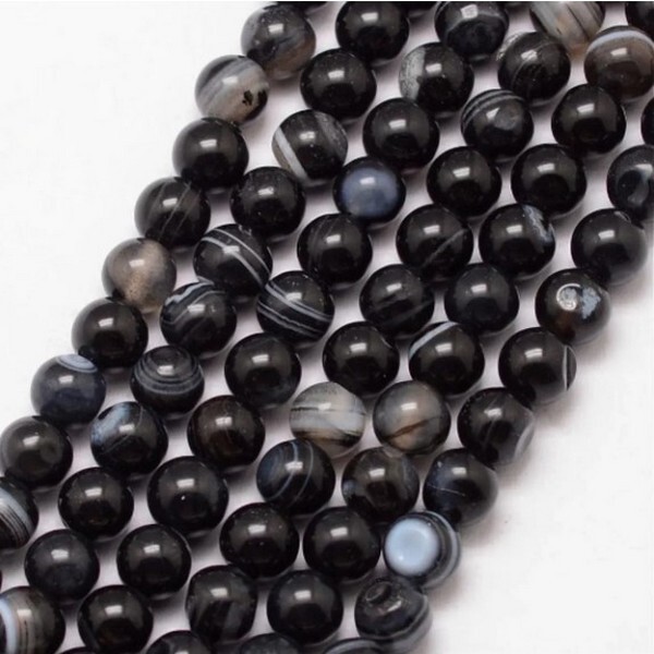 Fil de perles ronde en pierre naturelle fabrication bijoux 6 mm AGATE RAYEE NOIR - Photo n°1