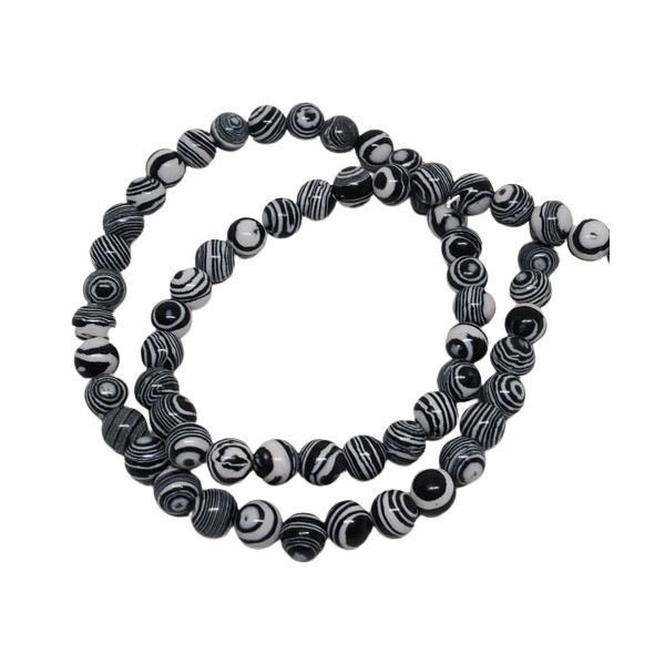 Fil de 60 perles ronde Malachite synthétique fabrication bijoux 6 mm NOIR BLANC - Photo n°1