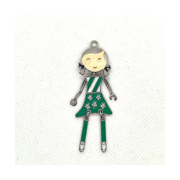 Pendentif articulé en métal argenté et vert et rayure blanche - petite fille - 60x30mm - 51 - Photo n°1