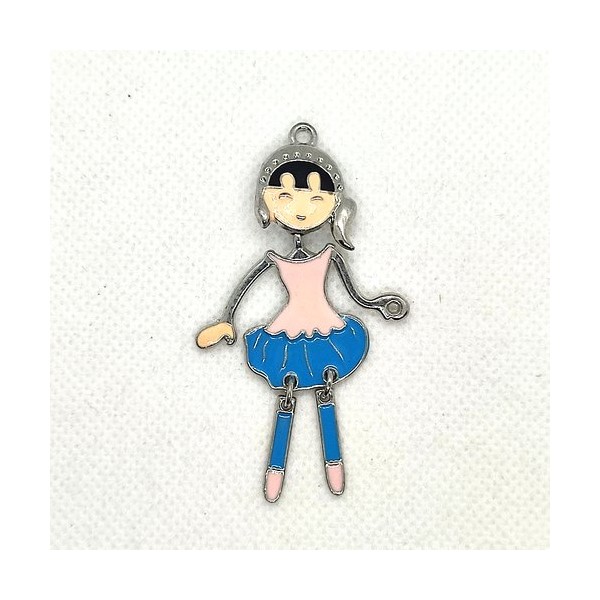 Pendentif articulé en métal argenté et bleu et rose - petite fille - 60x30mm - 51 - Photo n°1
