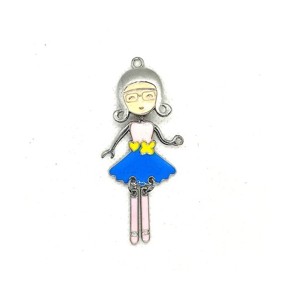 Pendentif articulé en métal argenté et bleu et rose - petite fille - 60x35mm - 51 - Photo n°1
