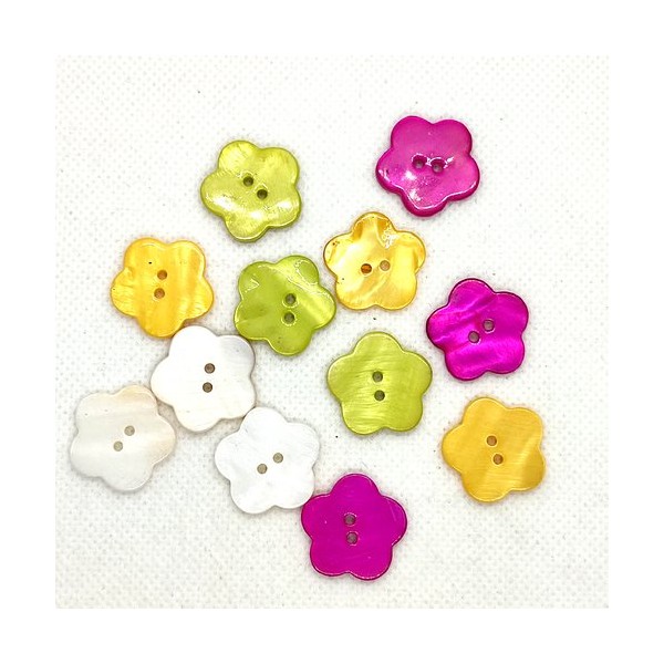 12 Boutons en nacre blanc vert fuchsia et jaune - fleur - 20mm - DIV762bis2 - Photo n°1