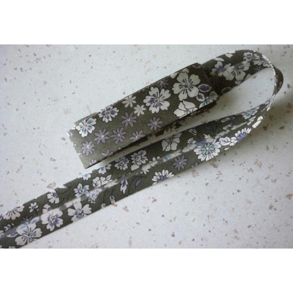 Biais 20 mm kaki blanc cassé gris fleuri liberty voile coton japonais fin - vente au mètre - Photo n°1