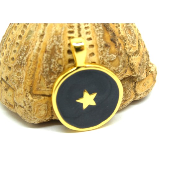 2 Pendentifs, breloques rond 25*18mm, étoile, doré et émail noir nacré - Photo n°1