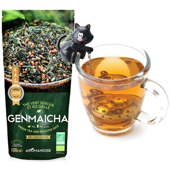 Boule à thé chat noir-poisson + thé vert Genmaicha 100 g - Photo n°1