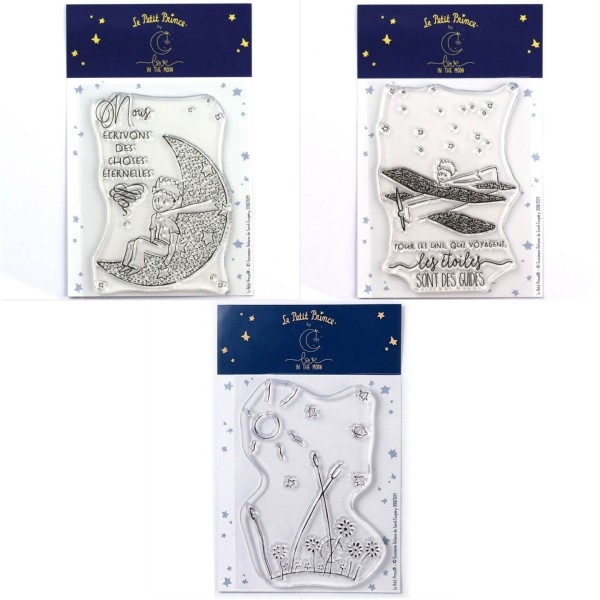 3 Tampons transparents Le Petit Prince et la Lune + son Avion + Paysage - Photo n°1