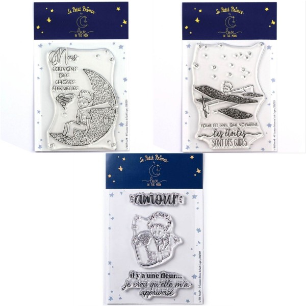 5 Tampons transparents Le Petit Prince et la Lune + son Avion + Fleur - Photo n°1