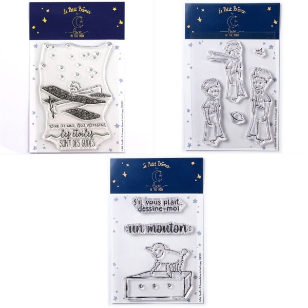 9 Tampons transparents Le Petit Prince dans son avion + Etoiles + Mouton - Photo n°1