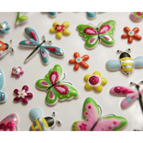 Autocollants réutilisables - Relief 3D - Papillons et fleurs - Paillettes - Photo n°3