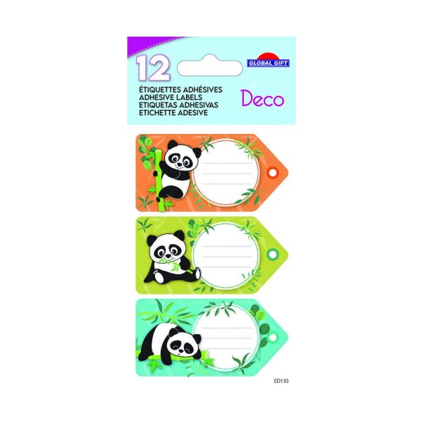12 étiquettes adhésives scolaires - Rectangle - Pandas - Photo n°1