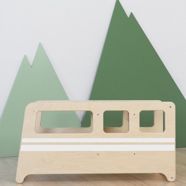 Tour d'apprentissage 5 en 1 Montessori - BUS - bois naturel, blanc avec stickers et tableau ardoise - Photo n°1